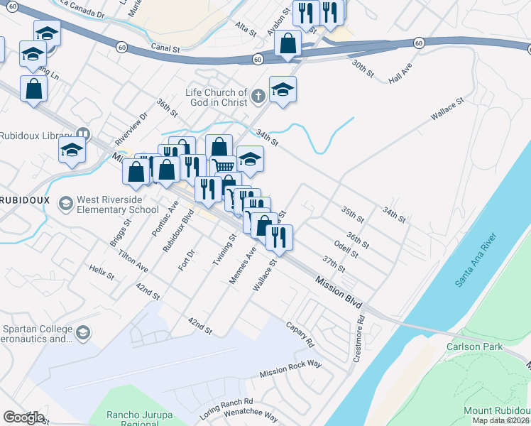 map of restaurants, bars, coffee shops, grocery stores, and more near 3752 Mintern Street in Riverside