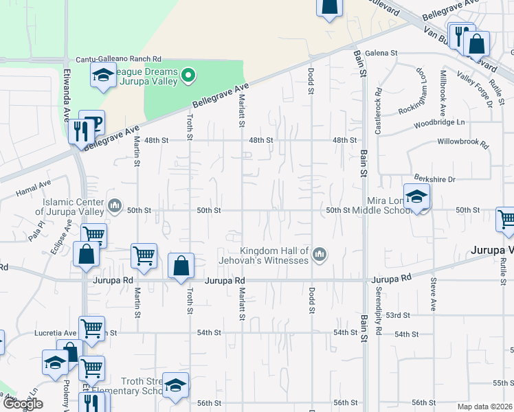 map of restaurants, bars, coffee shops, grocery stores, and more near 10456 50th Street in Jurupa Valley