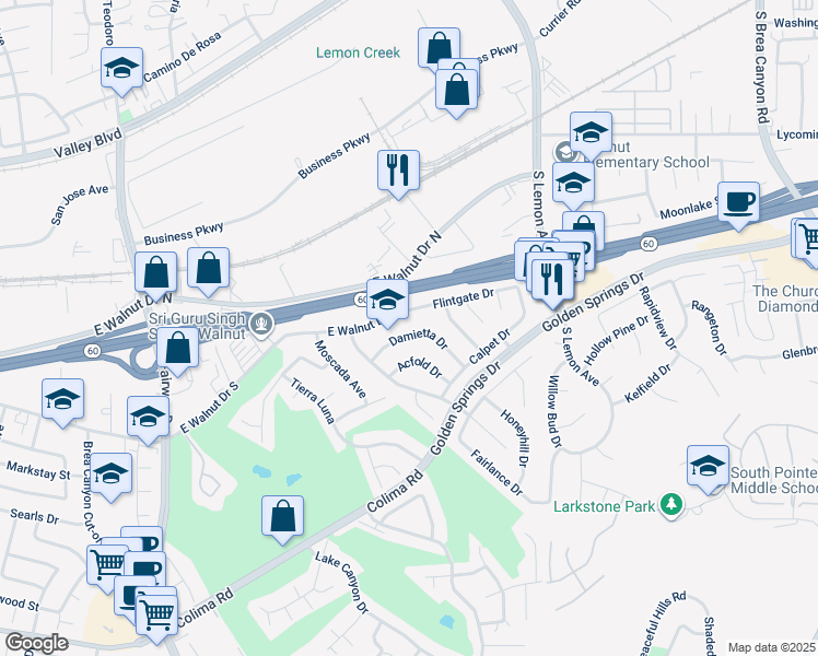 map of restaurants, bars, coffee shops, grocery stores, and more near 20305 Damietta Drive in Walnut