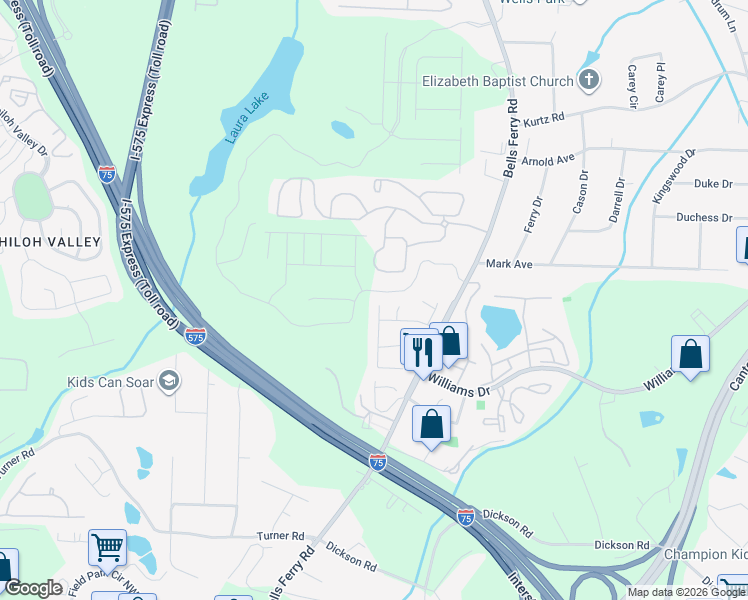 map of restaurants, bars, coffee shops, grocery stores, and more near 1885 Barrington Overlook in Marietta