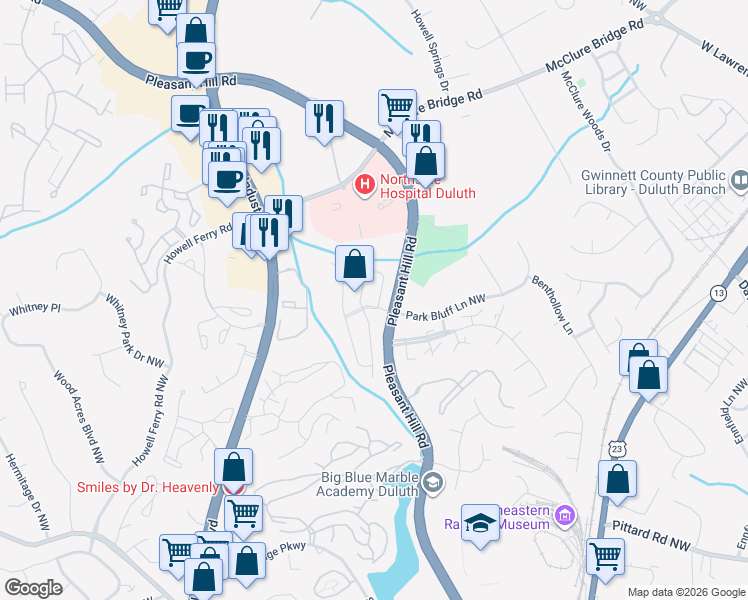 map of restaurants, bars, coffee shops, grocery stores, and more near 3712 Meeting Street Northwest in Duluth