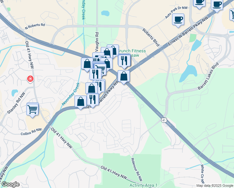 map of restaurants, bars, coffee shops, grocery stores, and more near 1710 Hedgestone Court in Kennesaw