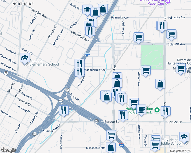 map of restaurants, bars, coffee shops, grocery stores, and more near 1964 Marlborough Avenue in Riverside