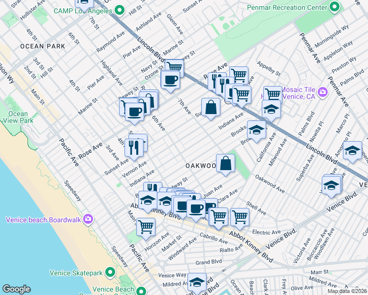 map of restaurants, bars, coffee shops, grocery stores, and more near in Los Angeles