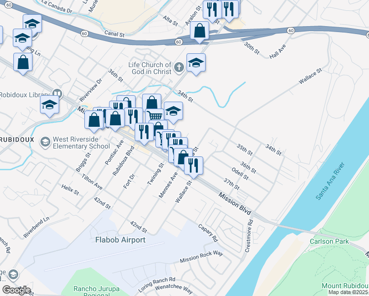 map of restaurants, bars, coffee shops, grocery stores, and more near 3752 Mintern Street in Riverside
