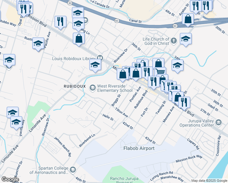 map of restaurants, bars, coffee shops, grocery stores, and more near in Riverside