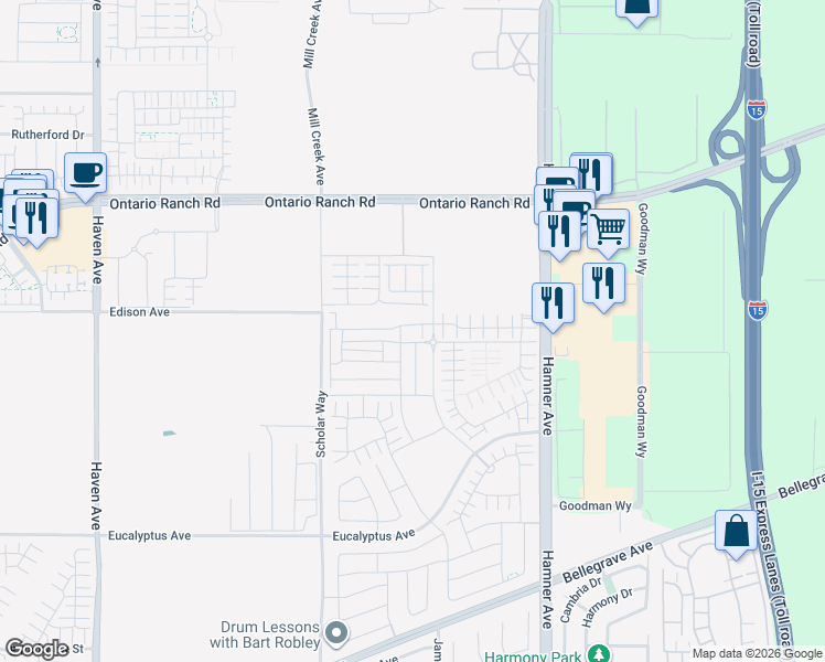 map of restaurants, bars, coffee shops, grocery stores, and more near 11071 Edison Avenue in Ontario