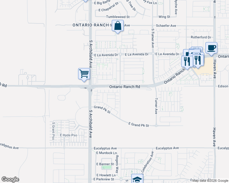 map of restaurants, bars, coffee shops, grocery stores, and more near 9811 Edison Avenue in Ontario