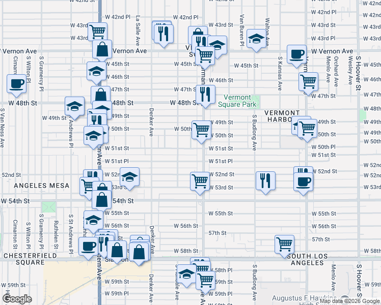 map of restaurants, bars, coffee shops, grocery stores, and more near 1454 West 51st Place in Los Angeles