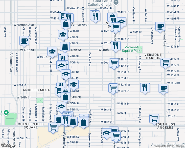 map of restaurants, bars, coffee shops, grocery stores, and more near 1531 West 51st Place in Los Angeles