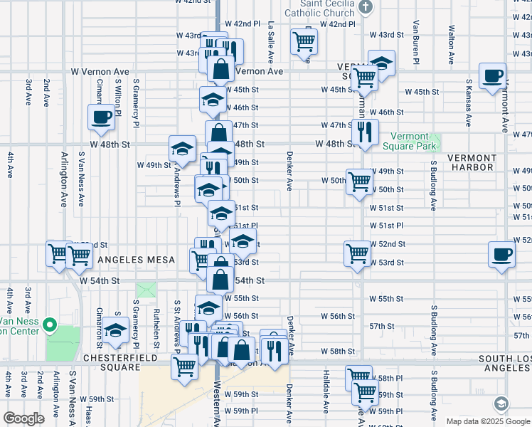 map of restaurants, bars, coffee shops, grocery stores, and more near 1655 West 51st Place in Los Angeles