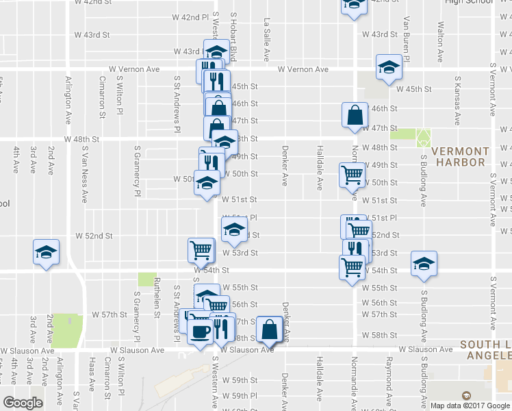 map of restaurants, bars, coffee shops, grocery stores, and more near 1655 West 51st Place in Los Angeles
