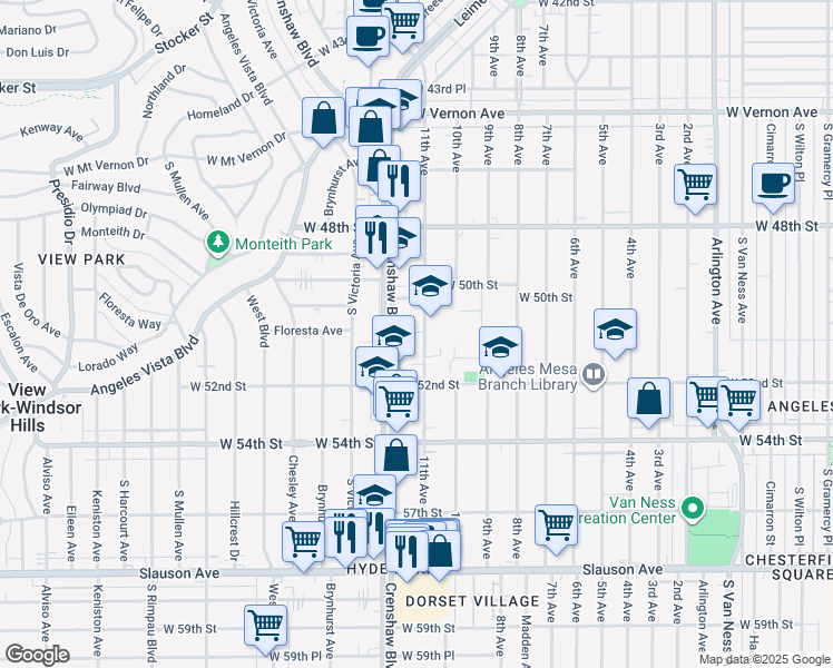 map of restaurants, bars, coffee shops, grocery stores, and more near 5120 11th Avenue in Los Angeles