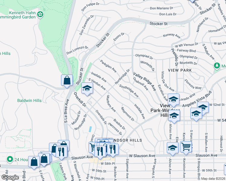 map of restaurants, bars, coffee shops, grocery stores, and more near 5033 Inadale Avenue in View Park-Windsor Hills