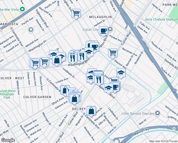 map of restaurants, bars, coffee shops, grocery stores, and more near 4424 Inglewood Boulevard in Los Angeles