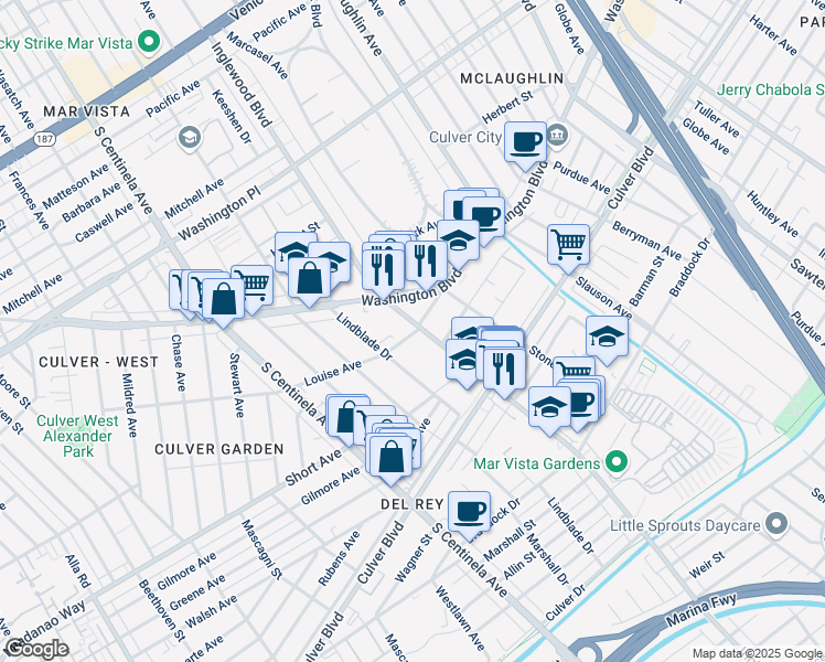 map of restaurants, bars, coffee shops, grocery stores, and more near 4327 Inglewood Boulevard in Los Angeles