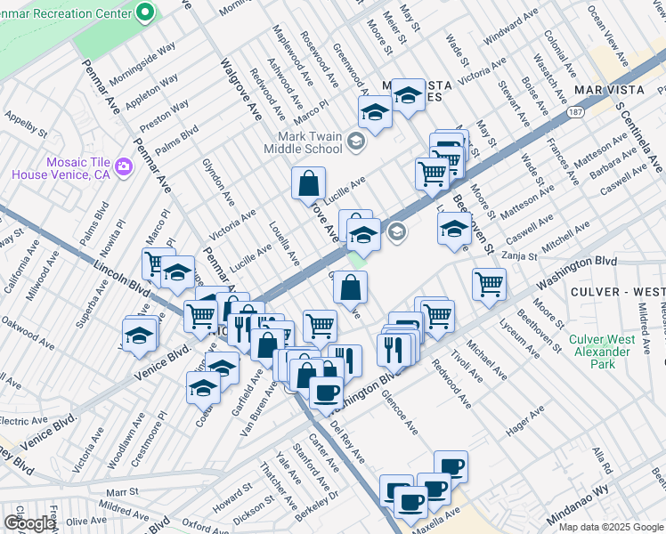 map of restaurants, bars, coffee shops, grocery stores, and more near 2418 Louella Avenue in Los Angeles