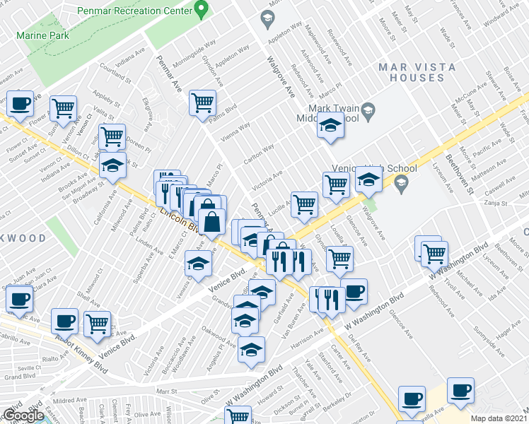 map of restaurants, bars, coffee shops, grocery stores, and more near 2313 Penmar Avenue in Los Angeles