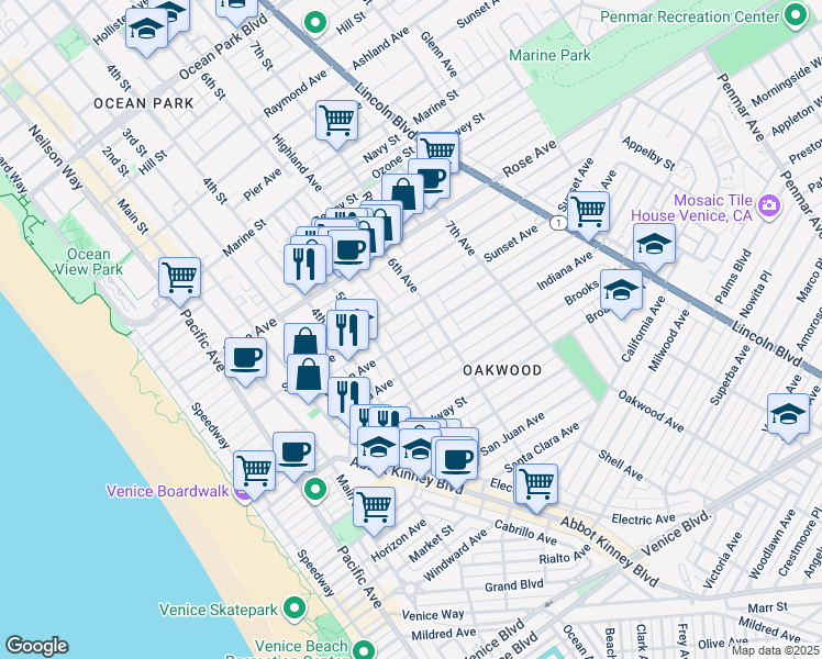 map of restaurants, bars, coffee shops, grocery stores, and more near 516 Vernon Avenue in Los Angeles