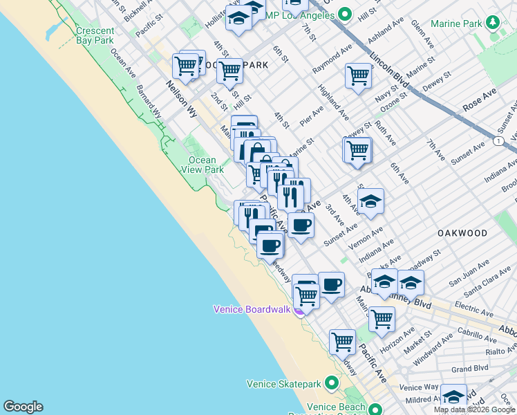 map of restaurants, bars, coffee shops, grocery stores, and more near 22 Navy Court in Los Angeles