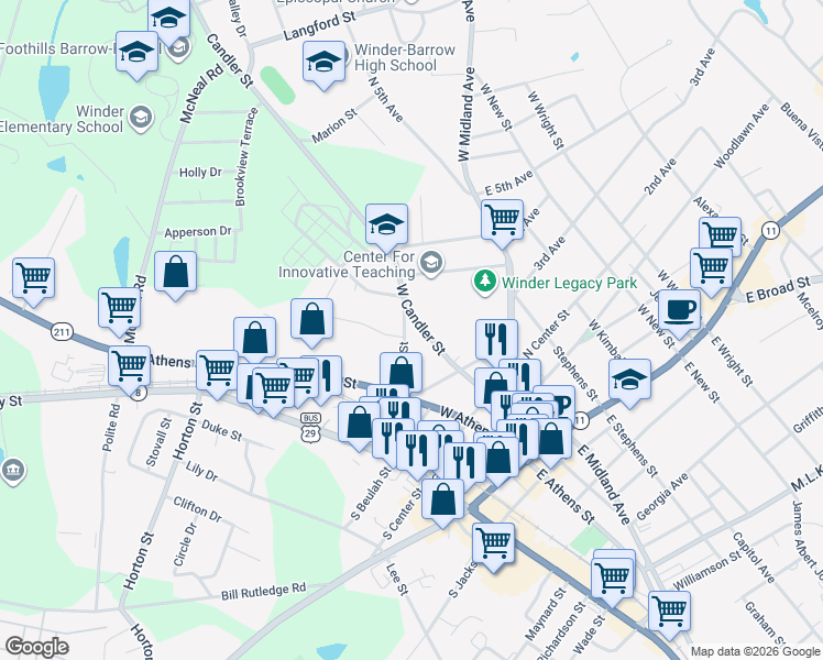 map of restaurants, bars, coffee shops, grocery stores, and more near 85 Betts Street in Winder
