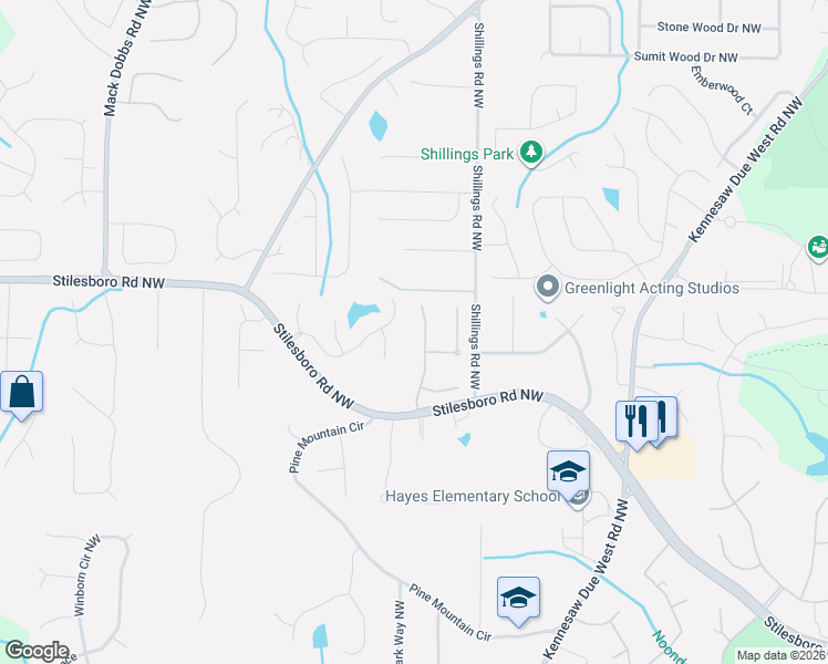 map of restaurants, bars, coffee shops, grocery stores, and more near 1679 Stilesboro Ridge Drive Northwest in Kennesaw