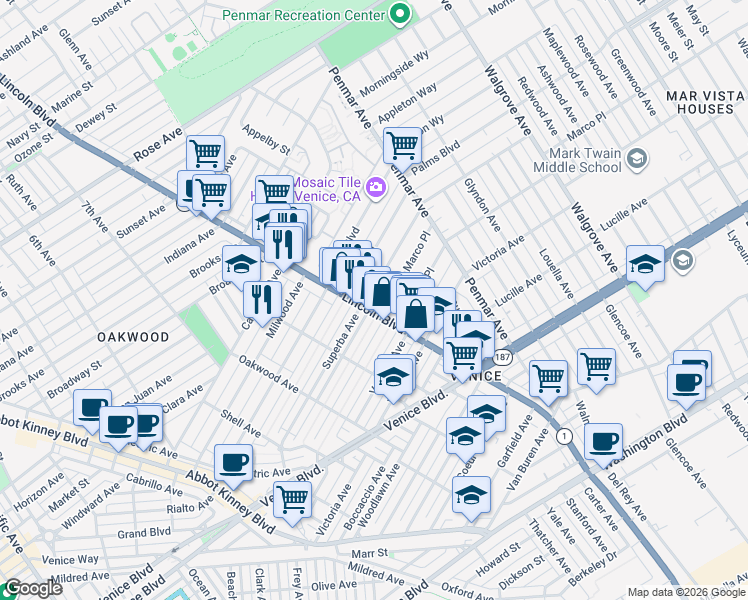 map of restaurants, bars, coffee shops, grocery stores, and more near 1012 Superba Avenue in Los Angeles