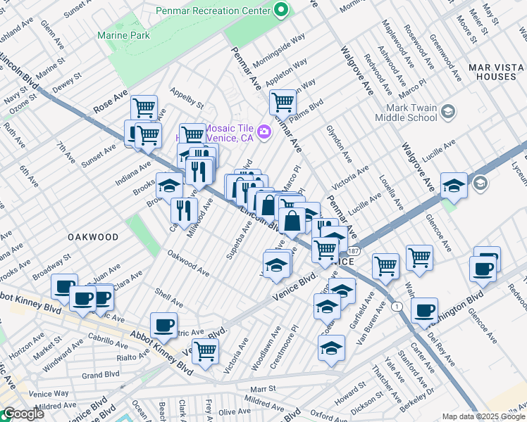 map of restaurants, bars, coffee shops, grocery stores, and more near 1012 Superba Avenue in Los Angeles