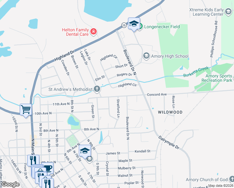 map of restaurants, bars, coffee shops, grocery stores, and more near 892-898 Stratford Lane in Amory