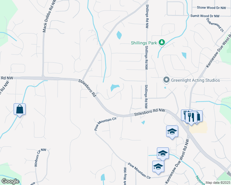 map of restaurants, bars, coffee shops, grocery stores, and more near 3020 Waterdance Drive Northwest in Kennesaw
