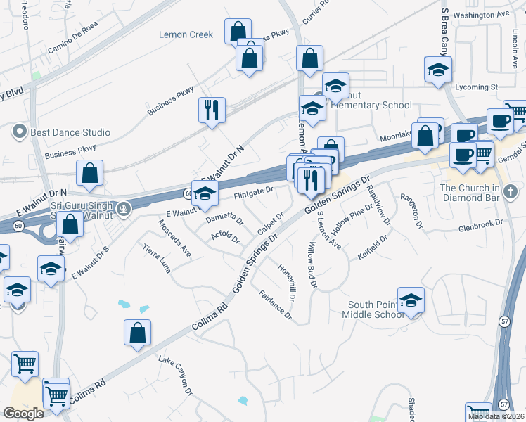 map of restaurants, bars, coffee shops, grocery stores, and more near 1135 Belbury Drive in Walnut