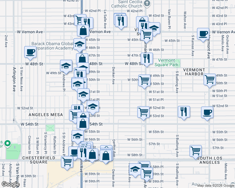 map of restaurants, bars, coffee shops, grocery stores, and more near 1531 West 51st Place in Los Angeles