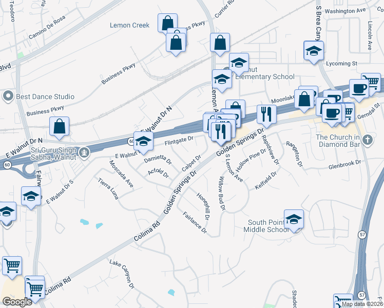 map of restaurants, bars, coffee shops, grocery stores, and more near 20520 Calpet Drive in Walnut