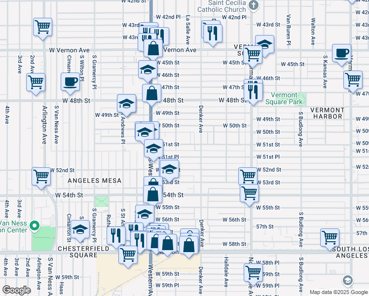 map of restaurants, bars, coffee shops, grocery stores, and more near 1655 West 51st Place in Los Angeles