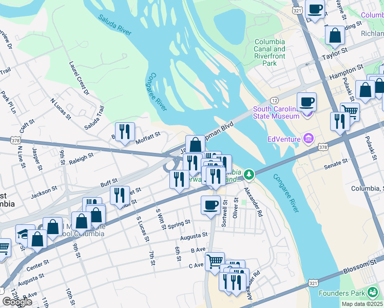 map of restaurants, bars, coffee shops, grocery stores, and more near 136-184 Sunset Blvd in West Columbia