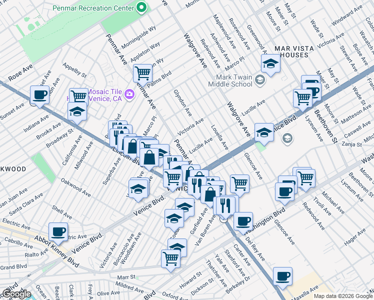 map of restaurants, bars, coffee shops, grocery stores, and more near 2313 Penmar Avenue in Los Angeles