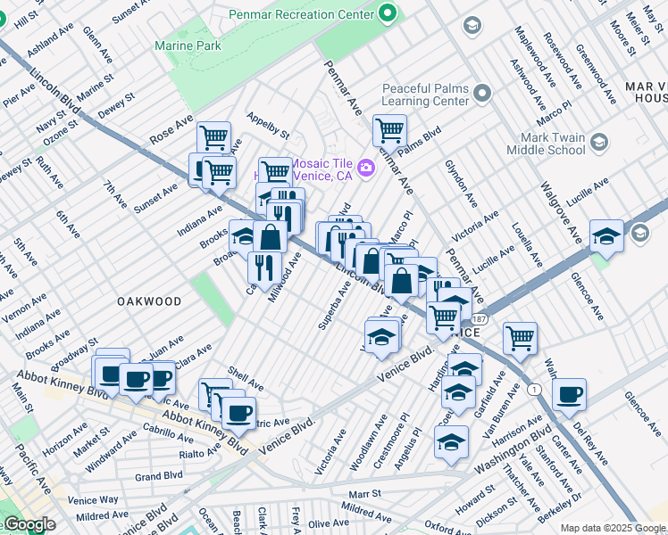 map of restaurants, bars, coffee shops, grocery stores, and more near 1609 Lincoln Boulevard in Los Angeles