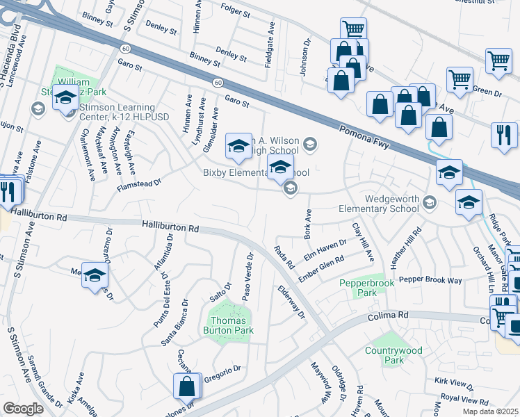 map of restaurants, bars, coffee shops, grocery stores, and more near 1708 Fieldgate Avenue in Hacienda Heights
