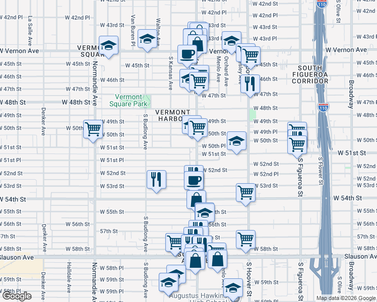 map of restaurants, bars, coffee shops, grocery stores, and more near 1016 West 51st Street in Los Angeles
