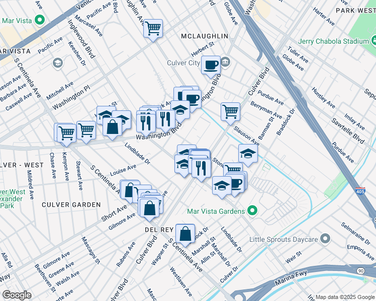 map of restaurants, bars, coffee shops, grocery stores, and more near 4424 Inglewood Boulevard in Los Angeles