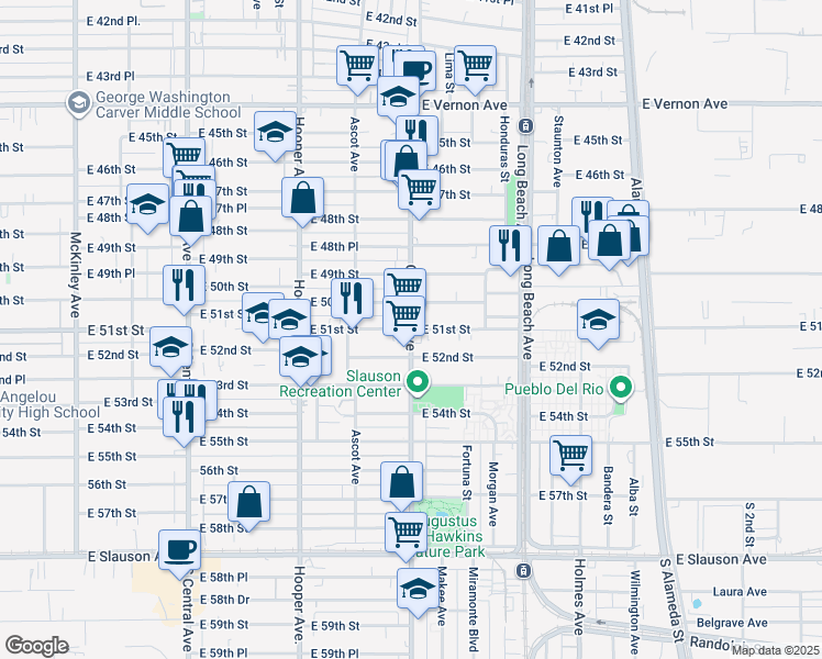 map of restaurants, bars, coffee shops, grocery stores, and more near Compton Ave & E 51st St in Los Angeles