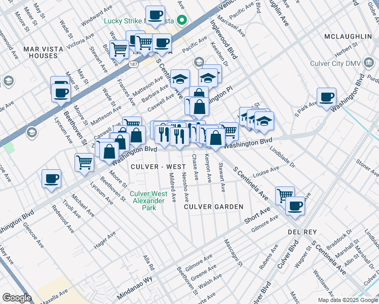 map of restaurants, bars, coffee shops, grocery stores, and more near 12510 Washington Boulevard in Los Angeles