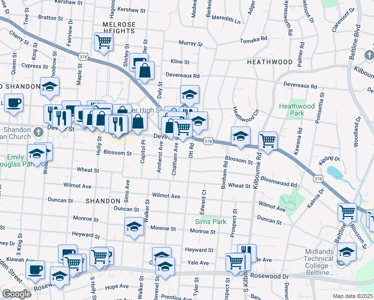 map of restaurants, bars, coffee shops, grocery stores, and more near 3306 Blossom Street in Columbia