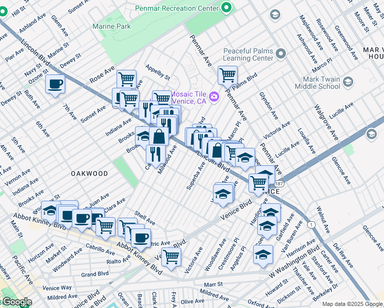 map of restaurants, bars, coffee shops, grocery stores, and more near 1609 Lincoln Boulevard in Los Angeles