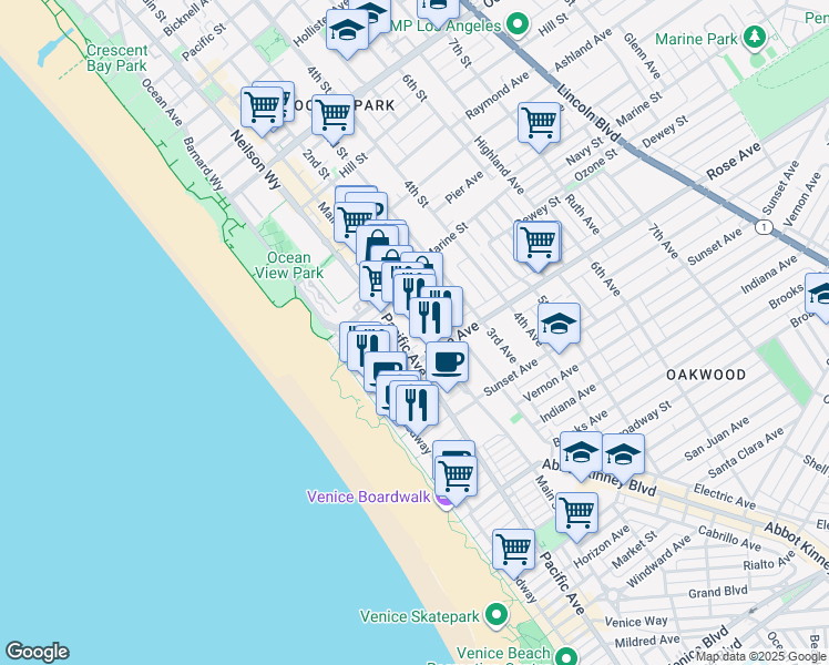 map of restaurants, bars, coffee shops, grocery stores, and more near 235 Main Street in Los Angeles