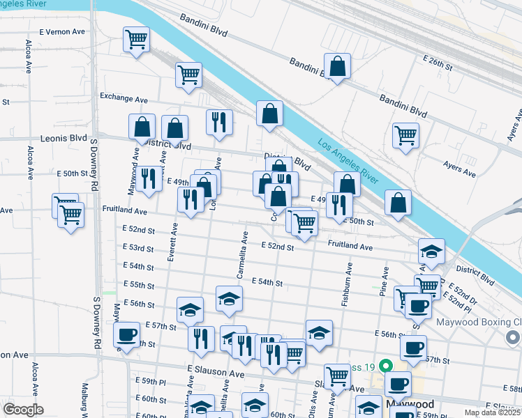 map of restaurants, bars, coffee shops, grocery stores, and more near 4608 East 50th Street in Vernon