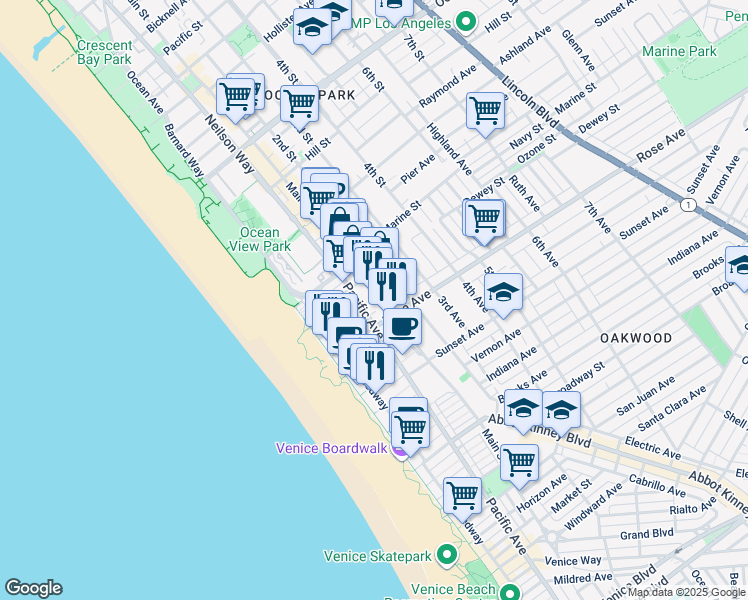 map of restaurants, bars, coffee shops, grocery stores, and more near 245 Main Street in Los Angeles