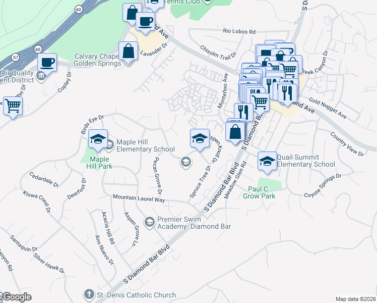 map of restaurants, bars, coffee shops, grocery stores, and more near 1416 Spruce Tree Drive in Diamond Bar
