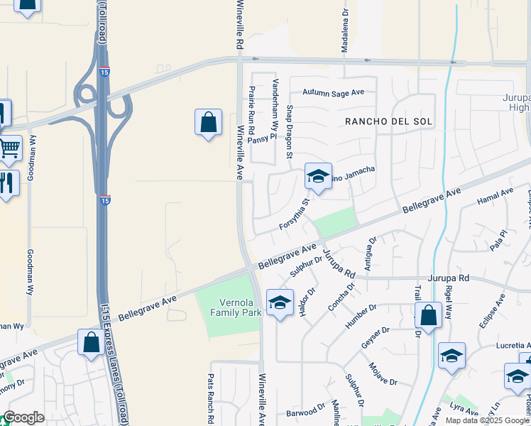 map of restaurants, bars, coffee shops, grocery stores, and more near 4983 Hydrangea Lane in Jurupa Valley