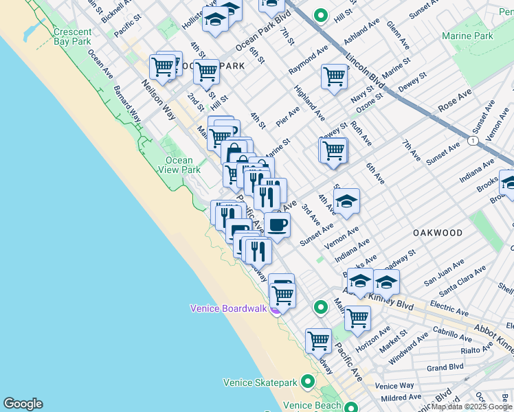 map of restaurants, bars, coffee shops, grocery stores, and more near 245 Main Street in Los Angeles